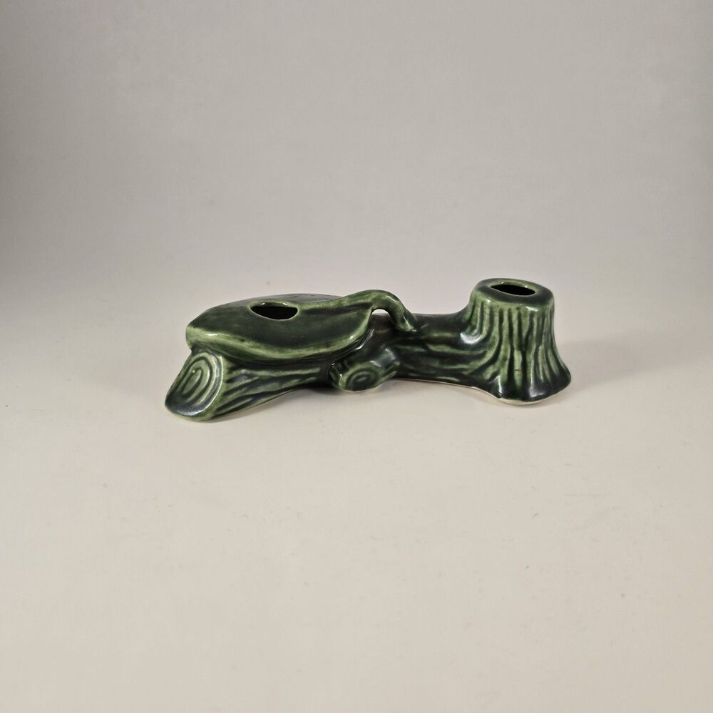 Mid-Century modern Prairie Green ceramic log Small candle holder In
